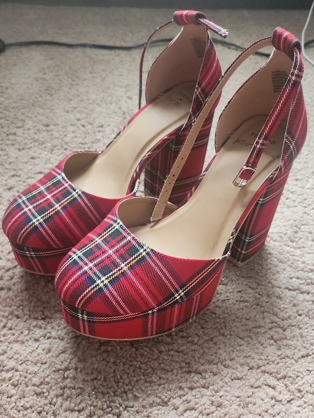 Red Plaid Platform Heels with Ankle Strap - Women's Fashion Platforms
